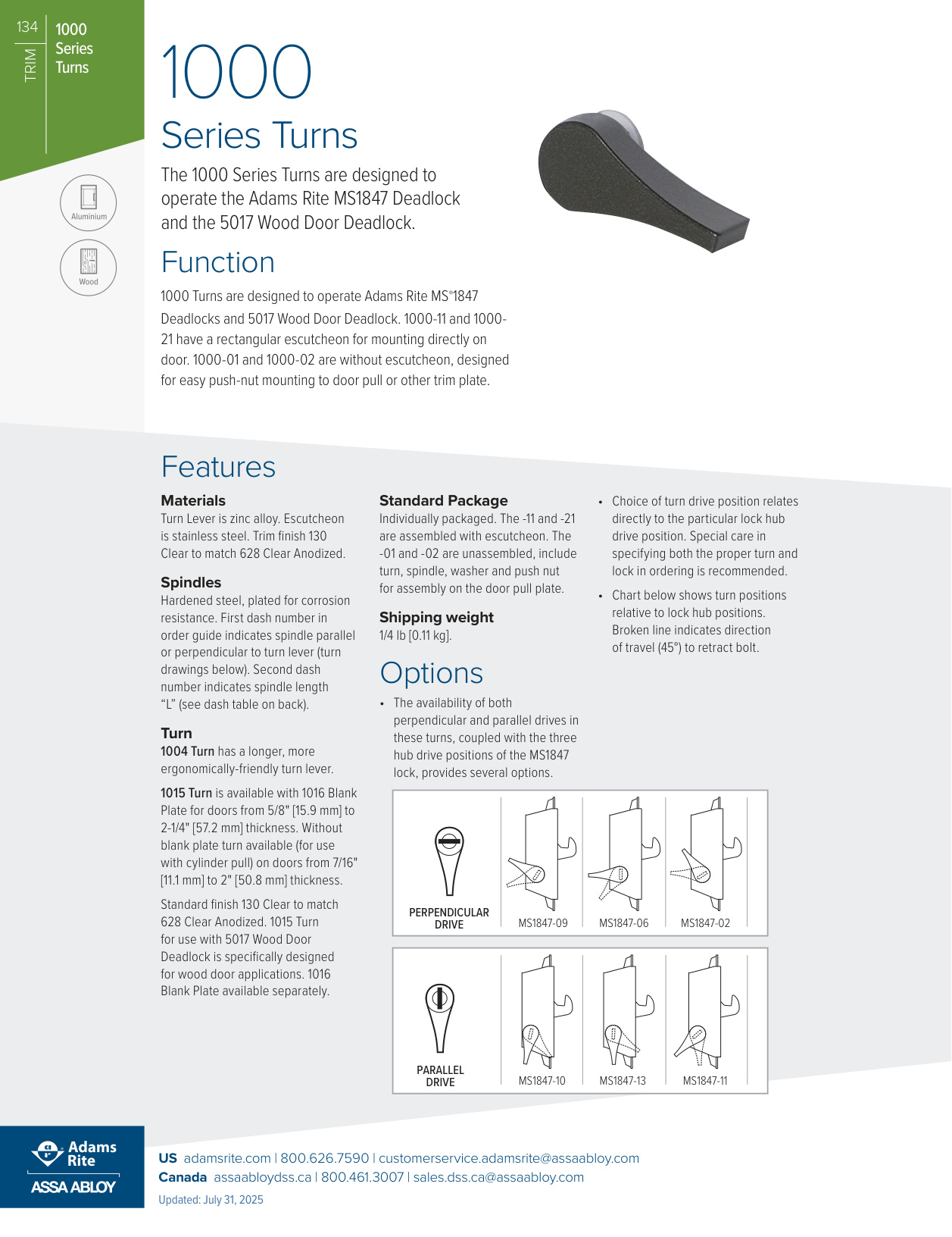 Adams Rite 1000 Series Turns Specification Sheet | Door Forensics