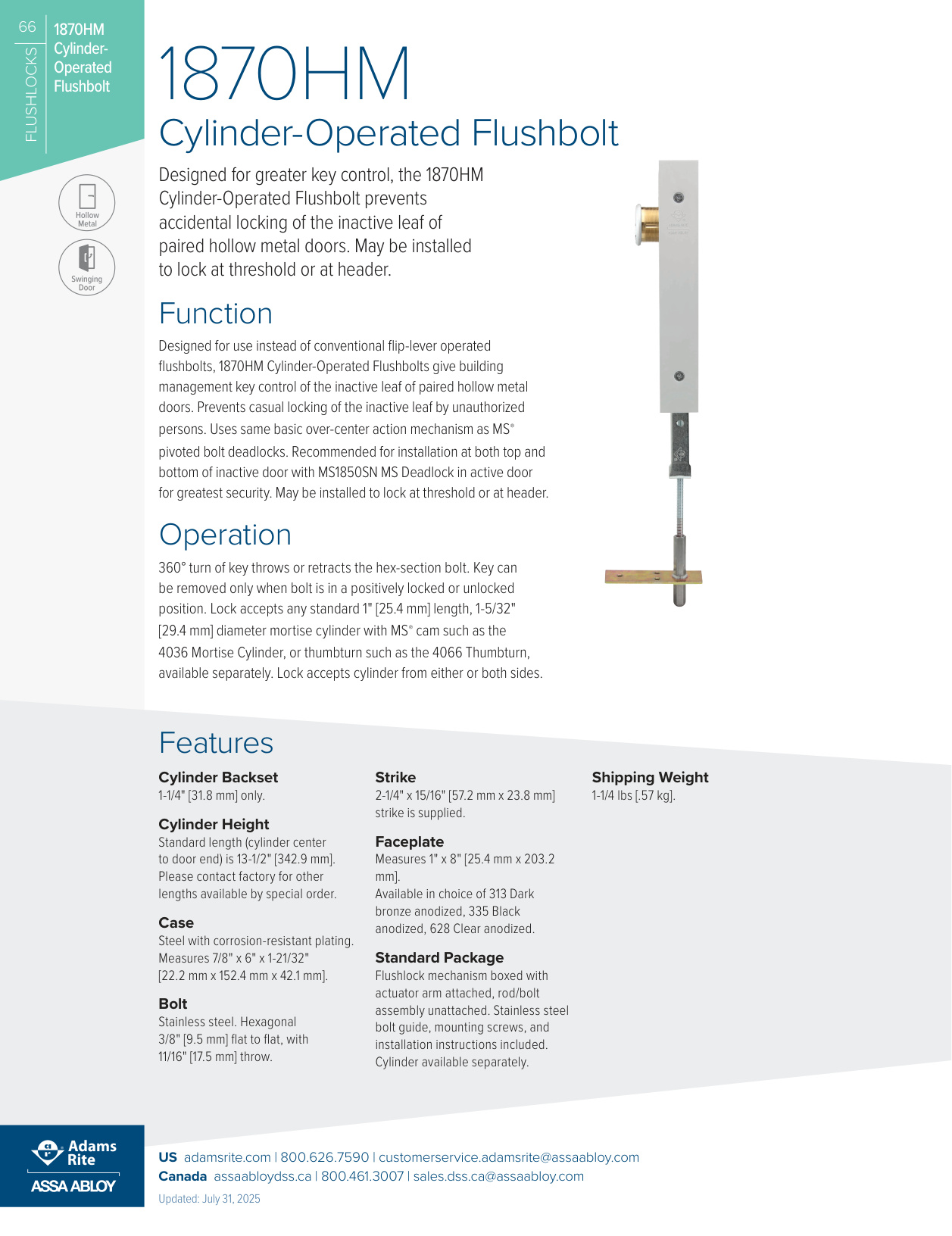 Adams Rite 1870HM Specification Sheet | Door Forensics