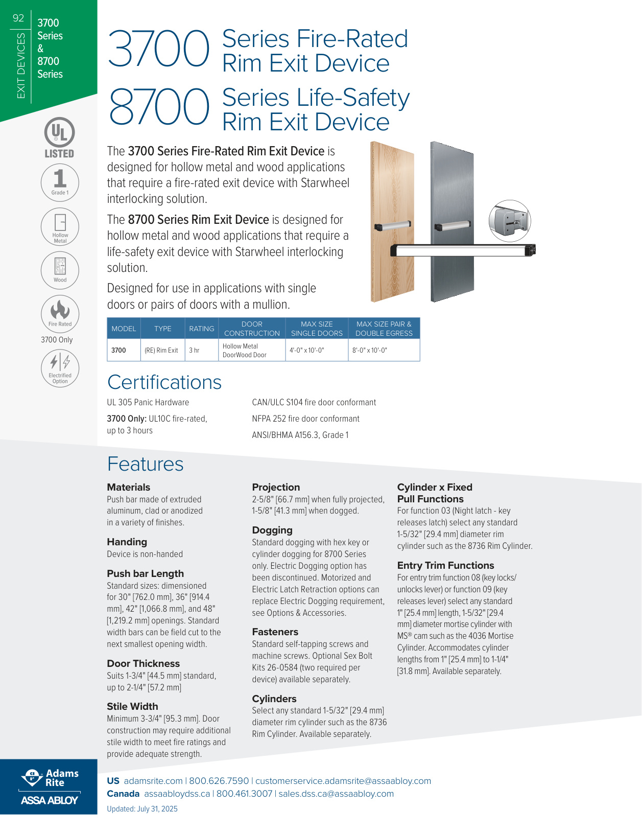 Adams Rite 3700/8700 Series Specification Sheet | Door Forensics