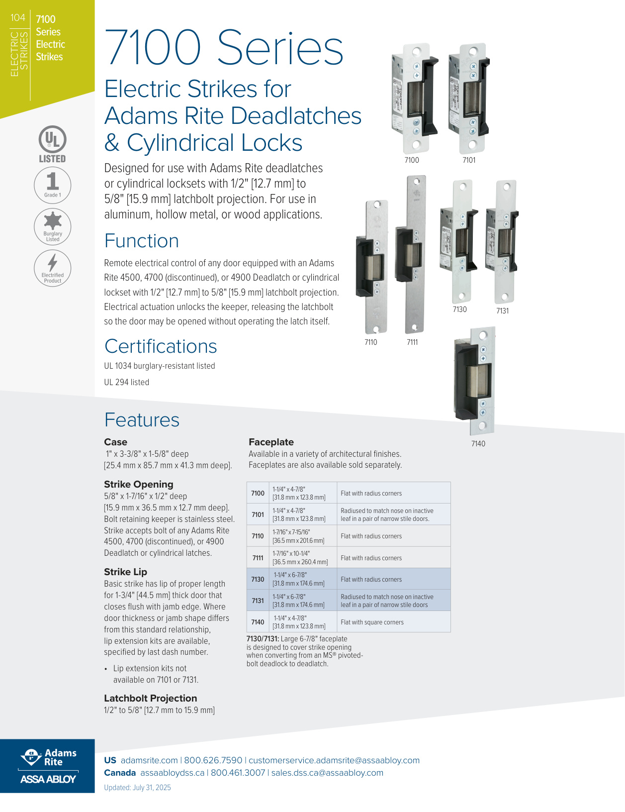 2863 Adams Rite Adams Rite 7100 Series Specification Sheet | Door Forensics