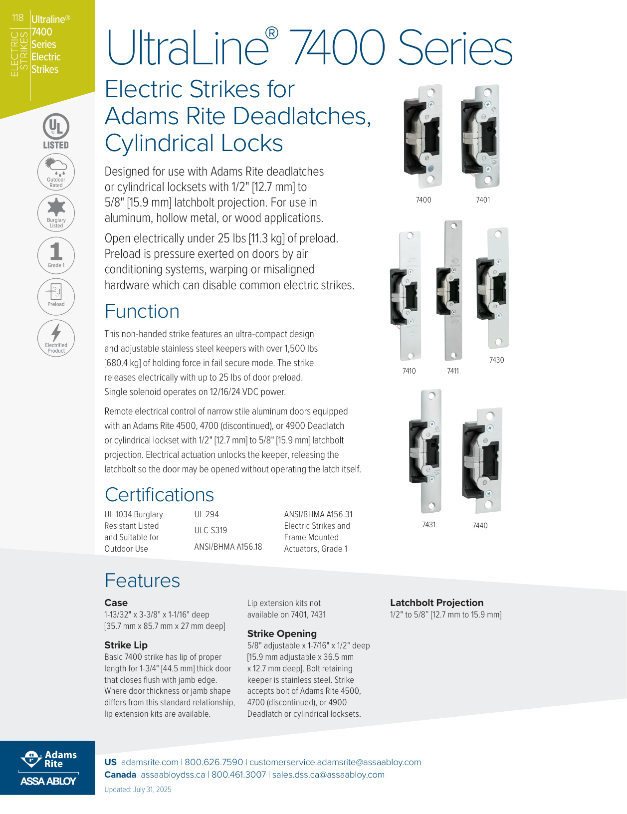 Adams Rite 4001 Adams Rite 7400 Series Specification Sheet | Door Forensics