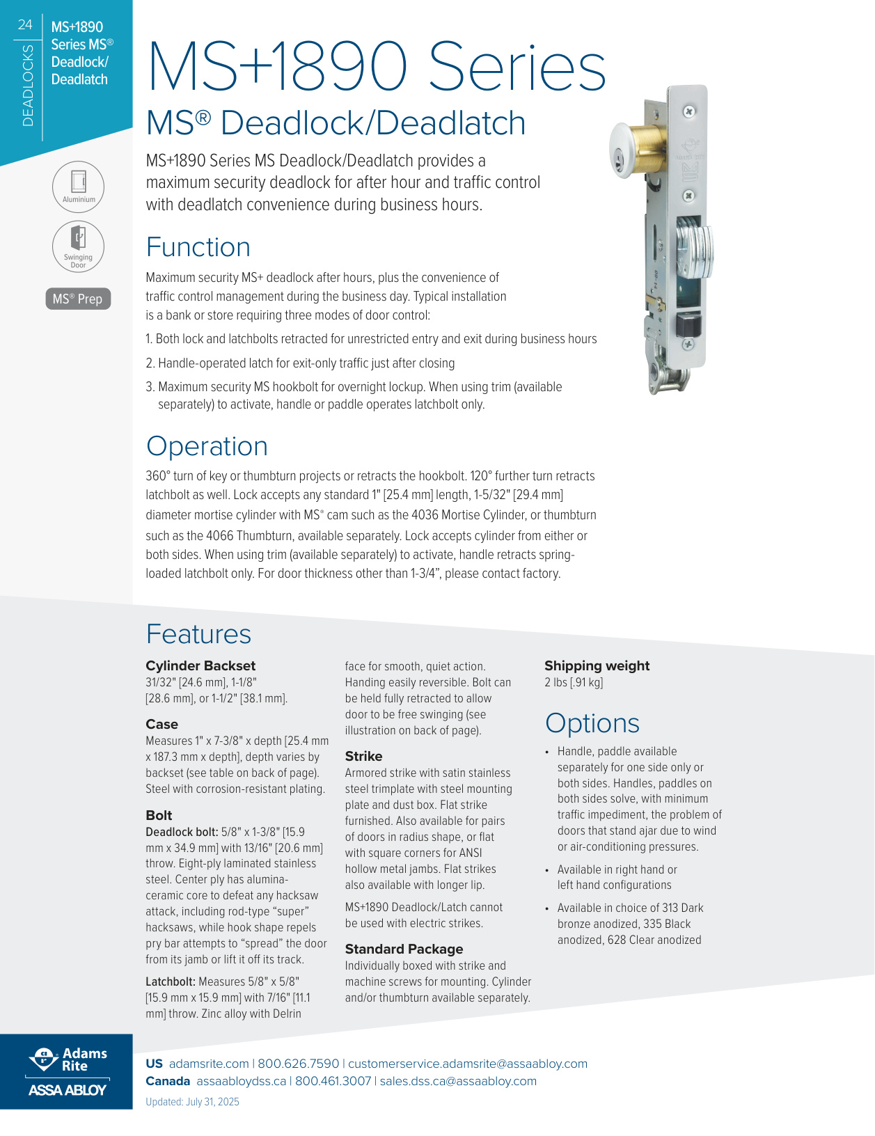 Adams Rite MS+1890 Series Spec Sheet | Door Forensics