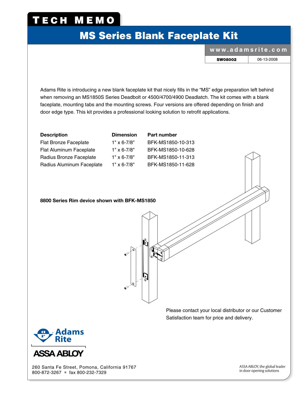 Adams Rite MS Series Blank Faceplate Kit Spec Sheet | Door Forensics
