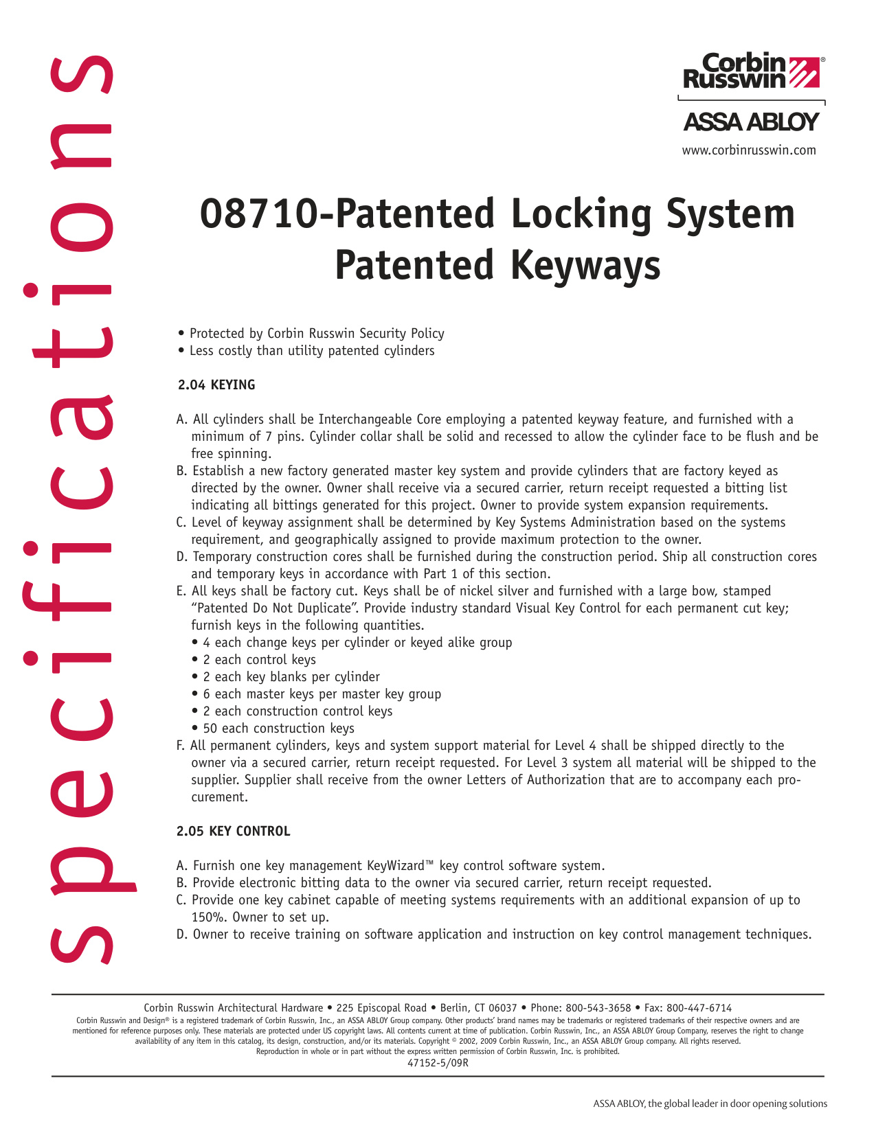 Corbin Russwin Patented Locking System Specification Sheet | Door Fore