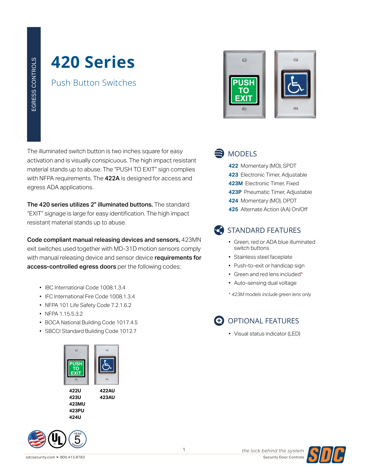 SDC 422U Push Button Switch Specification Sheet | Door Forensics