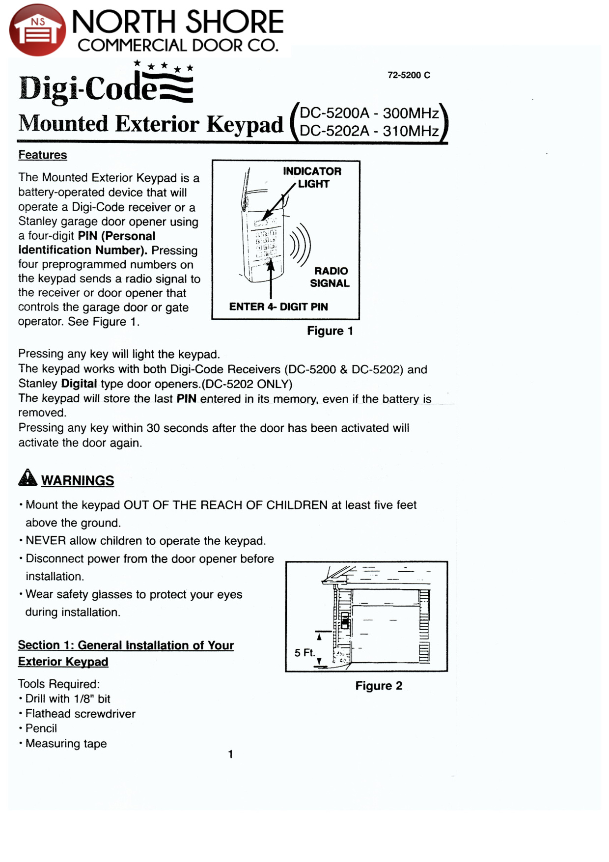 Digi-Code DC-5200A / DC-5202A Mounted Exterior Keypad Tech Guide - Door ...