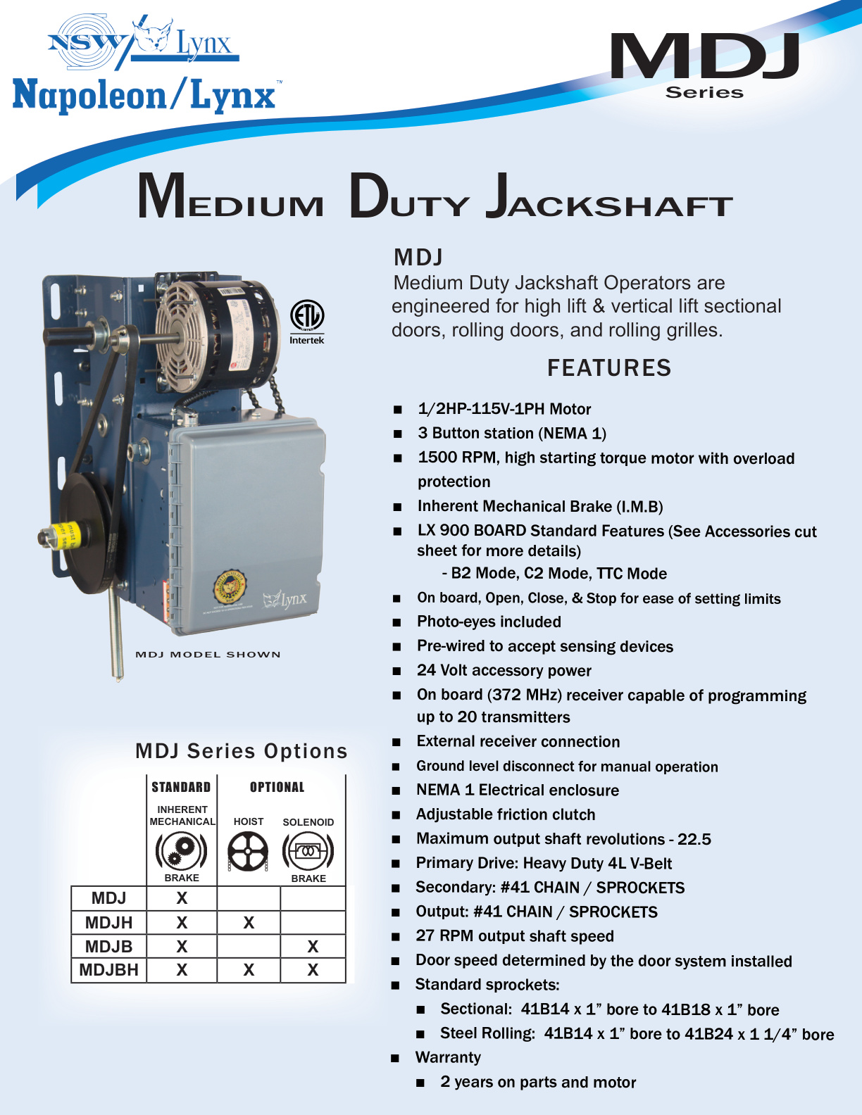 Mdj Napoleon/Lynx MDJ Series Specification Sheet | Door Forensics
