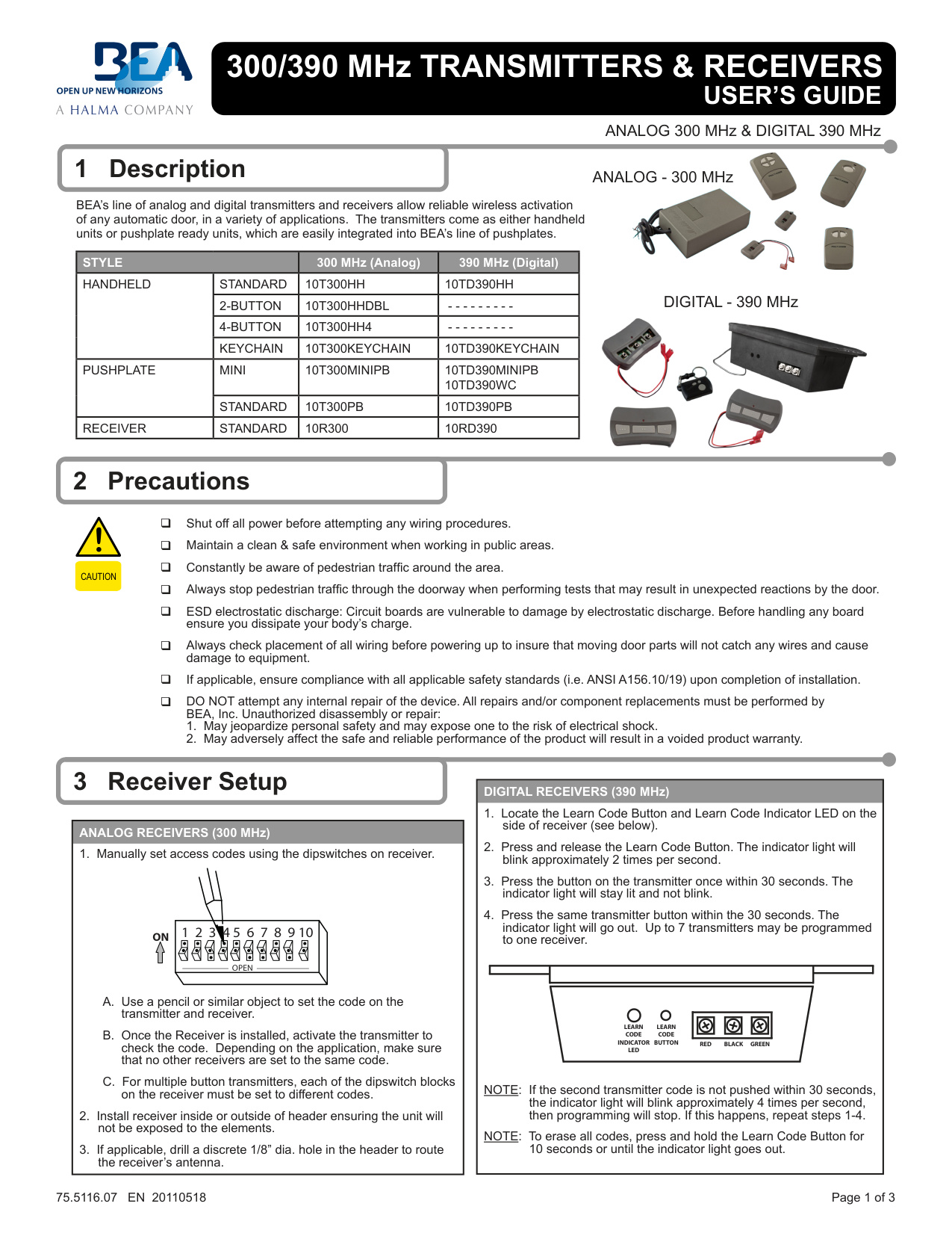 BEA 300/390 MHz Transmitters & Receivers User’s Guide | Door Forensics