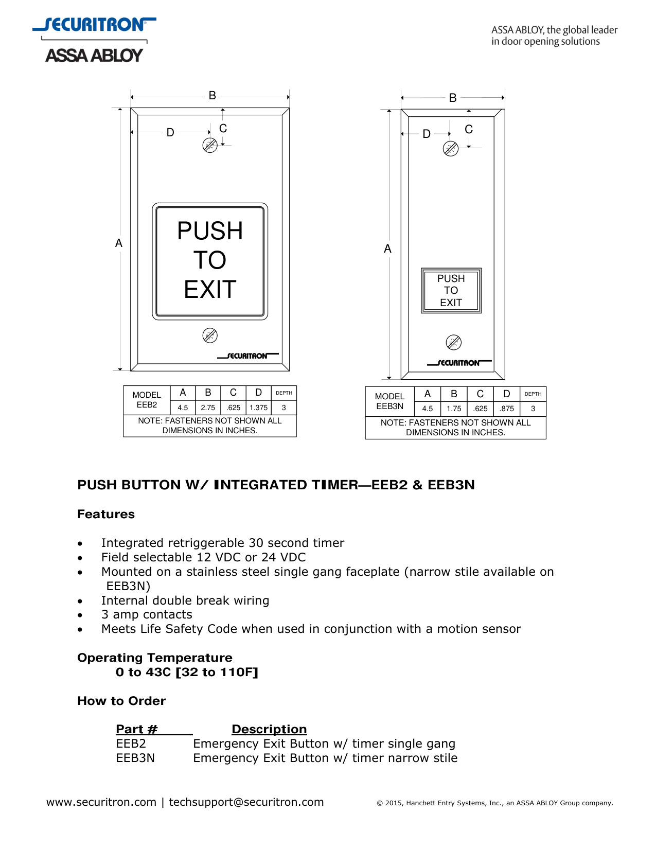 Push Button Eeb2 Securitron EEB2 EEB3N Specification Sheet | Door Forensics