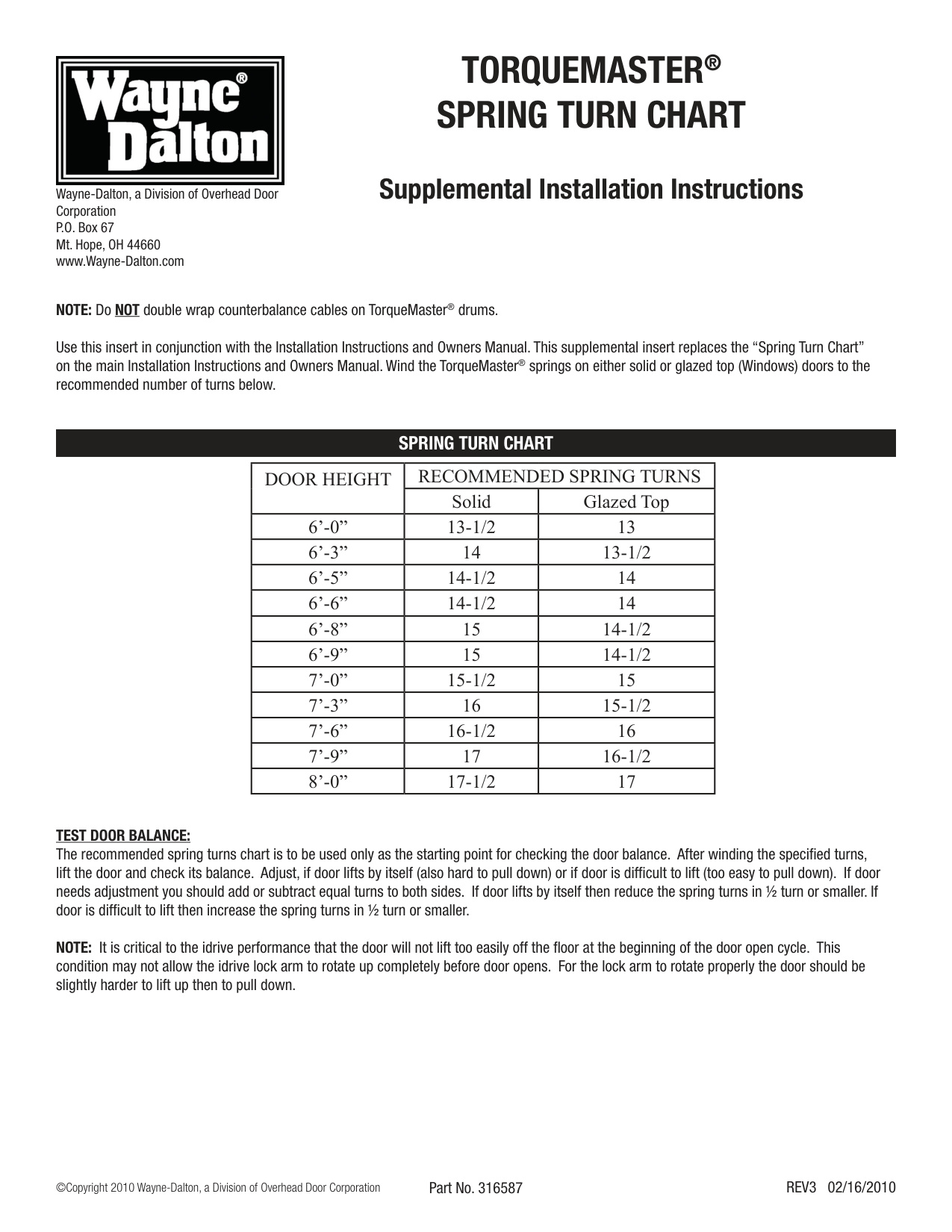 Wayne-Dalton TorqueMaster Spring Turn Chart | Door Forensics